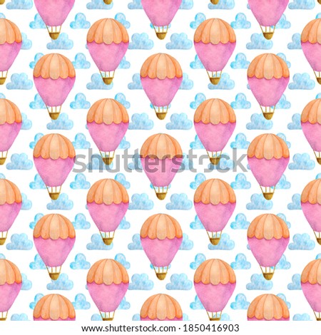Pink hot air balloon watercolor seamless pattern