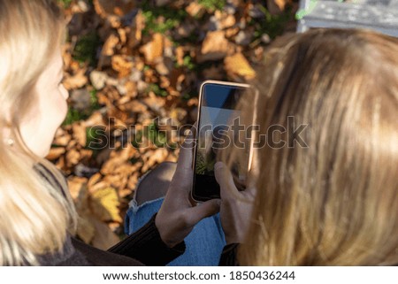 Back ant top view of two young women looking at photo in smart phone sitting in autumn park.