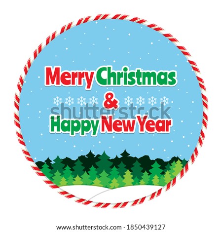 Merry Christmas and Happy New Year frame. Vector illustration with blue cloud and green tree. Clip art