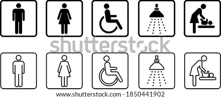 Public toilet icon set (male and Female, Physically handicapped, baby seat, shower) Royalty-Free Stock Photo #1850441902