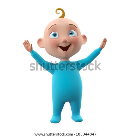 3d funny character, sweet blue-eyed baby boy icon, smiling cartoon child in blue outfit isolated on white background, rejoice