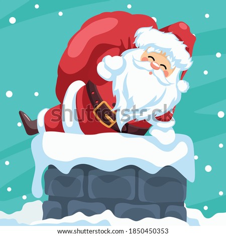 Merry christmas card design of santa claus entering through the chimney