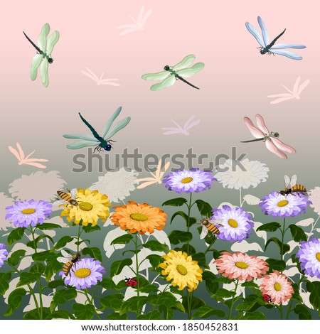 Illustration with flowers and dragonflies.Dragonflies and flowers in an illustration on a colored background.