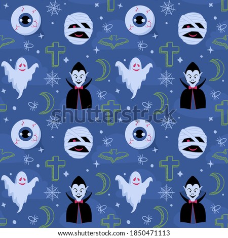 A seamless pattern with scary ghosts, vampires and fear themed illustrations for Halloween