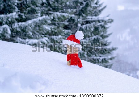 Wooden thermometer dressed up in christmas clothes and placed in fresh snow, trees in background