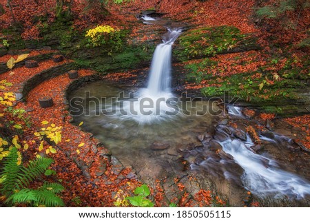 Amazing nature landscape with mountain waterfall in the dark colorful autumn forest, natural outdoor travel background suitable for wallpaper, Carpathian mountains