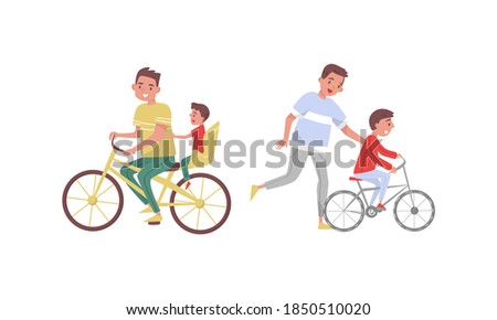 Young Father and His Son Cycling Vector Illustration Set