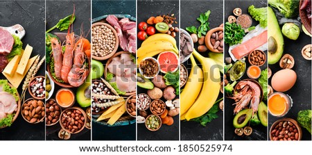 Photo collage. Healthy food: vegetables, fruits, meat and fish on a black stone background. Top view.