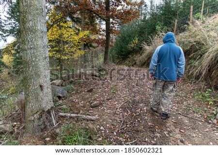 Man in a hood. Walking through the autumn forest. In the morning after the rain. Lonely man in the woods.