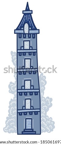 Vintage city house. Hand drawn vector doodle. Illustration with outline on white background. Design for children's book or print.