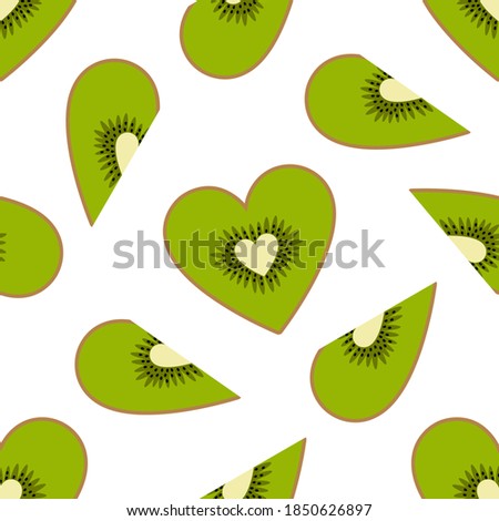 Cute kiwi hearts seamless pattern on a white background. Flat cartoon style. Can be used for Valentine's day as a wallpaper, wrapping paper, textile print. Vector illustration with half kiwi fruits.