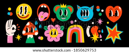 Hand drawn Abstract funny cute Comic characters. Big Set of Different colored Vector illustrations. Cartoon style. Flat design. All elements are isolated. Poster, logo Templates  Royalty-Free Stock Photo #1850629753