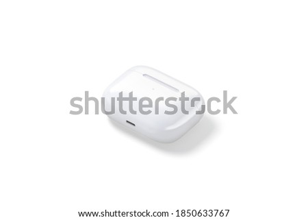 Blank white small closed headphones case mock up lying, isolated, 3d rendering. Empty music pro accessory mockup, sive view. Clear modern electronic earflaps cover template.