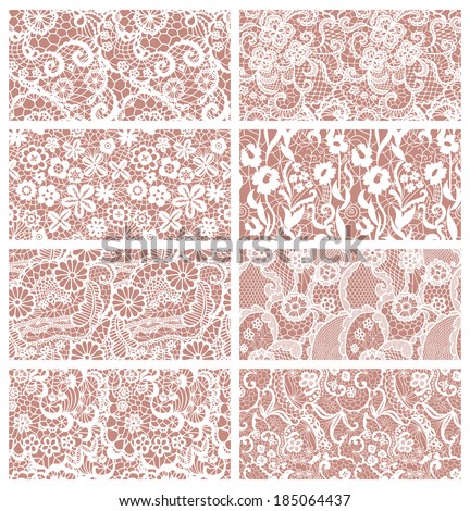 Lace seamless patterns with flowers on beige background.