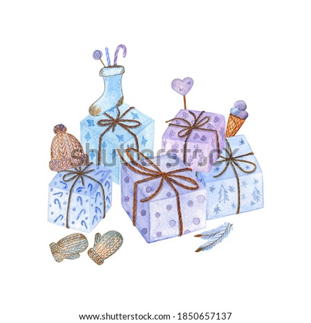 Christmas gifts composition painted in watercolors on white isolated background. Cute and kind decor for winter holiday season. Gift boxes, mittens, hat, ice cream, candy heart and sock with candies.