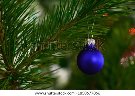 Blue ball on green spruce branches on a blurred background. Christmas and New Year decorations. A bauble on a tree. Shallow depth of field