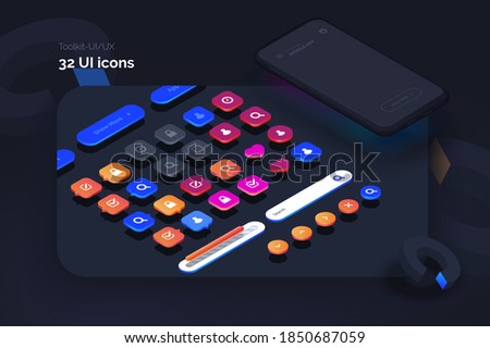 Toolkit-UI/UX scene creator. Mobile application design. Smartphone mockup with active blocks and connections. Creation of the user interface. Modern vector illustration isometric style