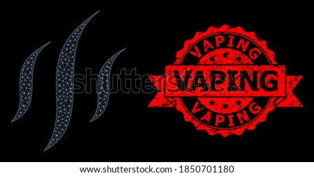 Mesh polygonal vapor on a black background, and Vaping rubber ribbon seal imitation. Red seal contains Vaping caption inside ribbon. Vector model created from vapor icon with mesh.
