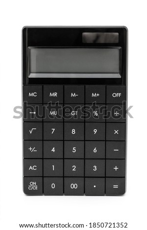 Black modern calculator on white background.