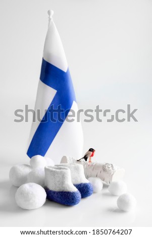 Finland flag, Felt boots, Snowballs on a White background. Independence Day.