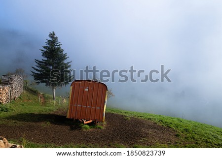 Old trailer on sheep field, farm in Europe
