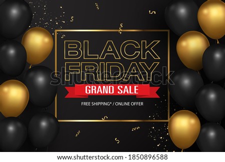 Black friday sale promo banner with black and gold shiny balloons. Grand Sale, Free Shipping, Online Offer background