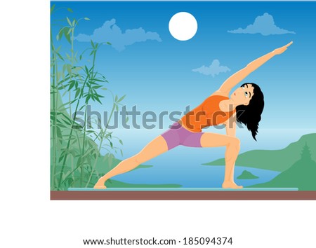 Young beautiful woman practicing uthita parshvakonasana yoga asana on summer landscape vector illustration