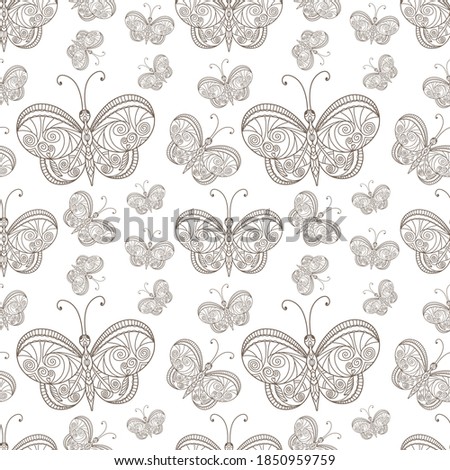 Seamless pattern isolated on white. Butterfly coloring page book. Sketch animal isolated. Zen vector stock illustration. EPS 10