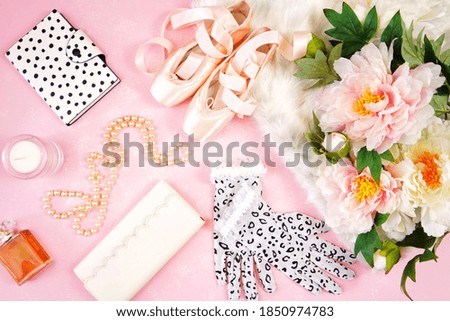 Pointe Ballet Shoes Aesthetic theme desktop workspace background on stylish pink textured background. Top view blog hero header creative composition flat lay.