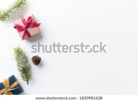 Top view decoration of christmas mockup arranging in minimal style with blank space. Merry christmas and Happy new year festival background concept.