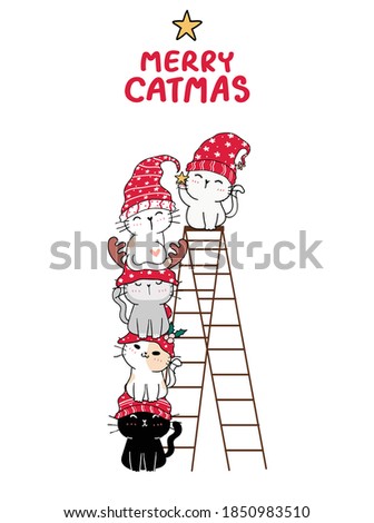 cute cat friends group stack Christmas tree for Christmas day and New year. Winter concept. Doodle cartoon style  Draw illustration