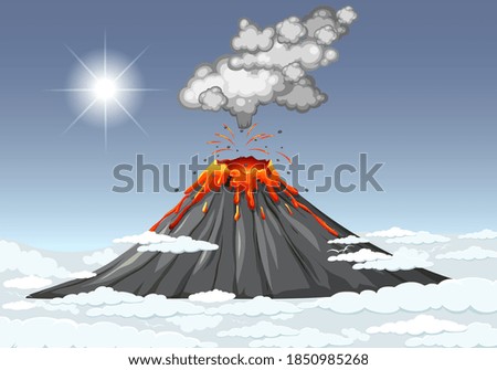 Volcano eruption in the sky with clouds scene at daytime illustration