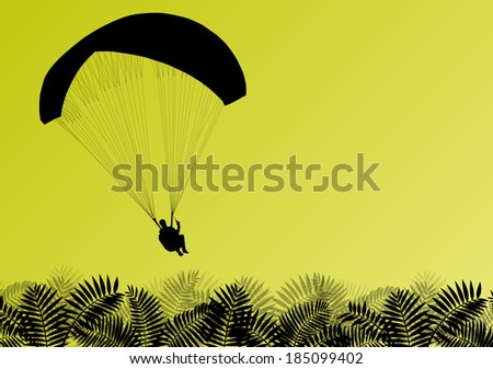 Paragliding active sport background landscape concept vector with palm tree leaves