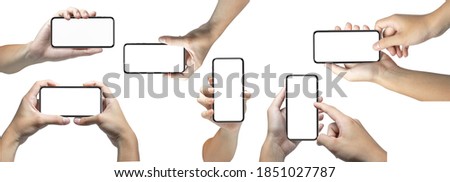 collection of hand holding phone blank touch screen. isolated on white background. Business man hand holding a modern smartphone.