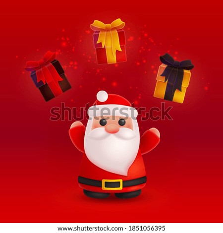 Christmas Santa Claus and gold, yellow, red, black gifts box with bow and ribbon, look like 3d rendering. Happy New Year illustration for postcard, banner, decor, design, arts on white background.