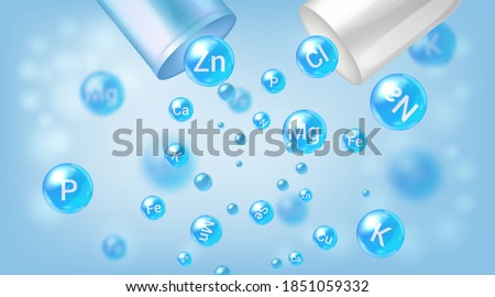 Mineral complex. Pharmaceutical banner template Capsule with falling out minerals balls. 

  Royalty-Free Stock Photo #1851059332