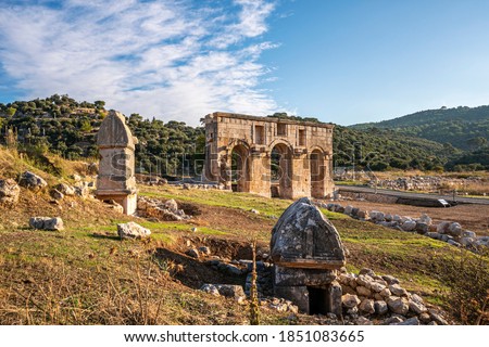 The city gate of Patara, which was a flourishing maritime and commercial city on the south-west coast of Lycia on the Mediterranean coast of Antalya, Turkey Royalty-Free Stock Photo #1851083665