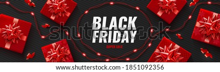 Black Friday Super Sale poster with realistic red gifts boxes and LED string lights on black background. Vector promotion horizontal banner, poster, header website template for Black Friday