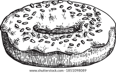 Hand drawn black and white crosshatch vector illustration of a doughnut with sprinkles on top. No background. Royalty-Free Stock Photo #1851098089