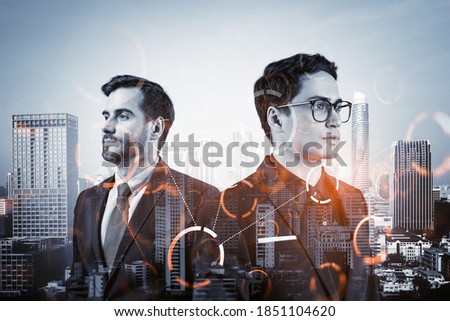Two handsome businessman pondering about technology as a business necessity for tremendous growth in commerce. Worldwide process to conduct transactions. Tech hologram icons