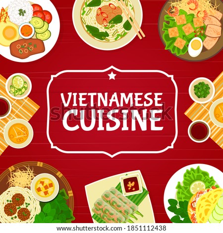 Vietnamese restaurant dishes, vector. Broken rice Com Tam with pork, noodle beef soup Bun bo Hue, lemongrass pork, rice pancake with vegetable, shrimp spring rolls, meatballs Bun Cha with noodles