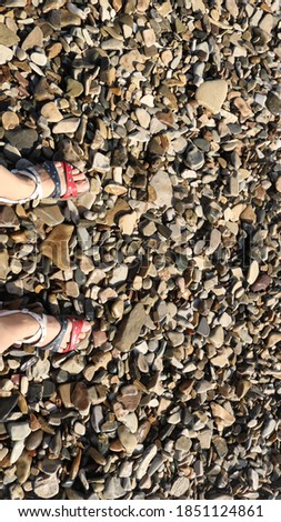 white feet in colored sandals standing on the sea stones of a rocky beach as a concept of travel and freedom of choice, stopping on the way to discover the unknown world, copy space for text