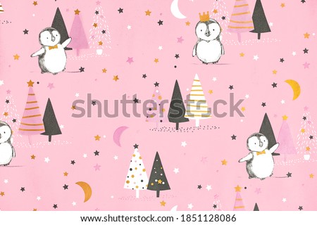 Cute seamless pattern with little penguins, stars, moon and christmas trees on pink background, vector girlish texture