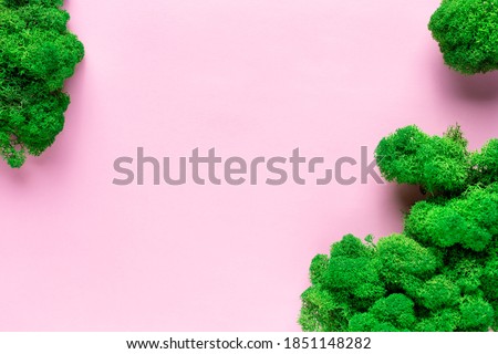 frame from green stabilized moss on pink background for organic cosmetic products. Environmentally clear nature concept. flat lay. place for your text or design. Royalty-Free Stock Photo #1851148282