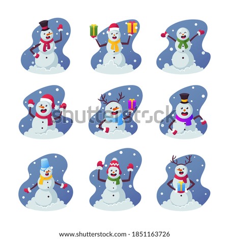 Set of Cartoon Snowmen, Funny Winter Characters Wearing Warm Clothes Hats, Mittens and Scarf, Holding Presents and Gift Boxes for Christmas Isolated on White Background. Vector Illustration, Icons