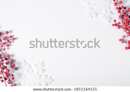 Christmas modern composition. Xmas decorations on white background. Christmas, New Year, winter concept. Flat lay, top view, copy space