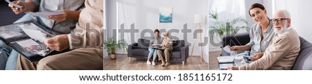 collage of eldery man with adult woman browsing photo album while sitting on sofa and looking at camera, banner