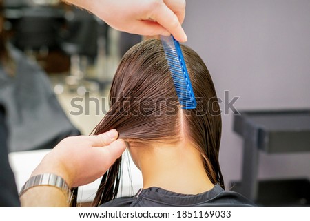 Back view of hairdresser hands parting long hair of young woman in hair salon