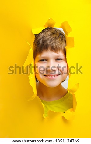 happy child looks into the camera lens on a yellow background.
