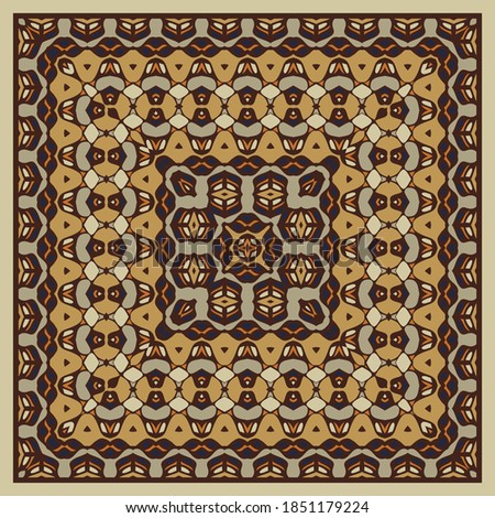 Square ornament in beige yellow brown for scarves or pillows, for printing on fabric or paper. Frame. Ribbons. 